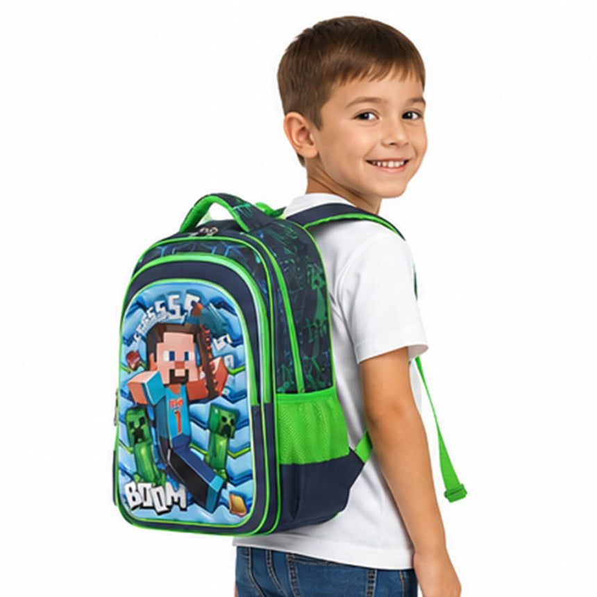 Child wearing a minecraft backpack with embossed front panel for grade 1 to 4.