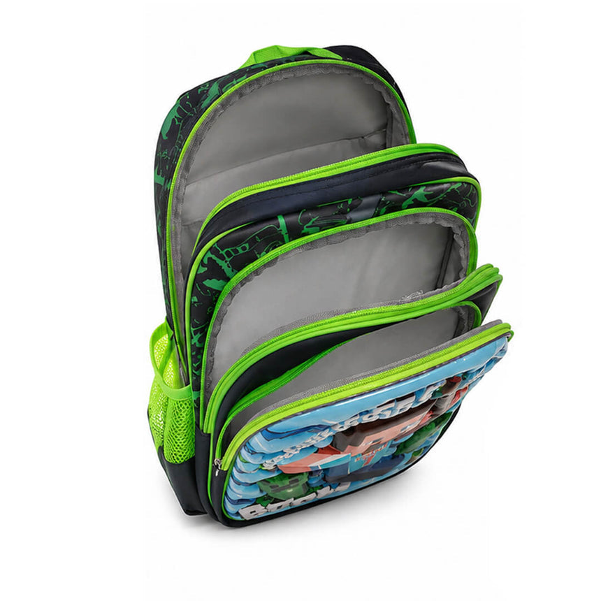 Kids' 3D Minecraft backpack with 3 compartments and 2 side pockets.