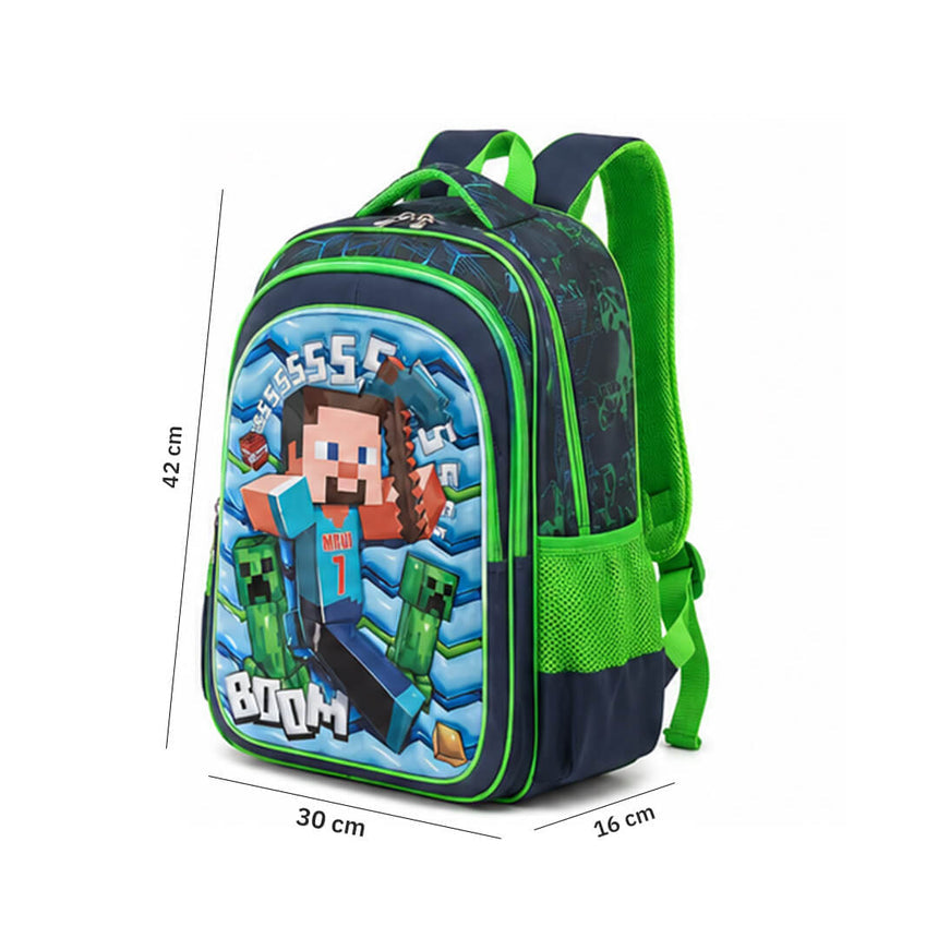 Dimensions of the Minecraft-themed backpack for grades 1 to 5.