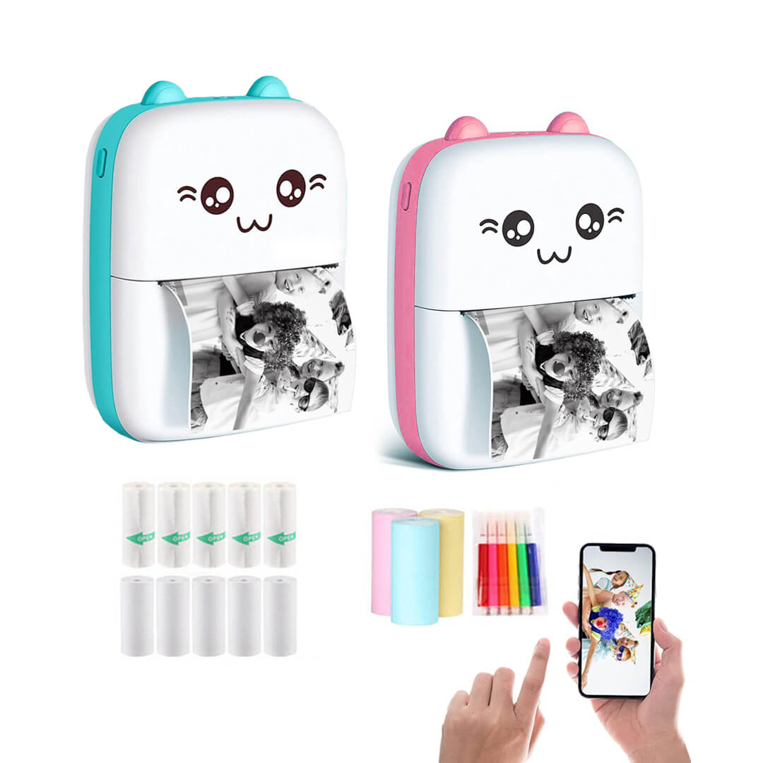 Mini Bluetooth thermal printer with 13 paper rolls in aqua blue and pink color
