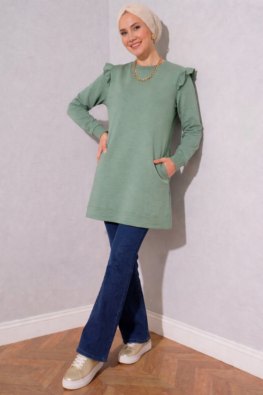 Mint Green Cotton Ruffle Sweatshirt Tunic Shirt