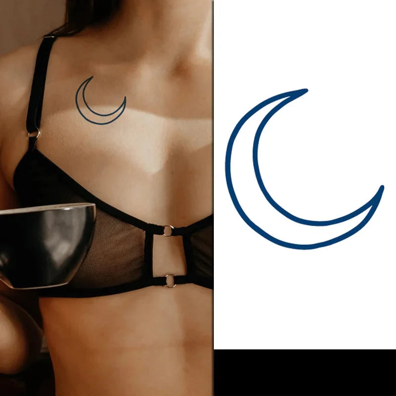 Tattoo of a crescent moon on a person's shoulder with a close-up of the tattoo design