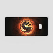 Dragon logo with fiery background on a rectangular surface