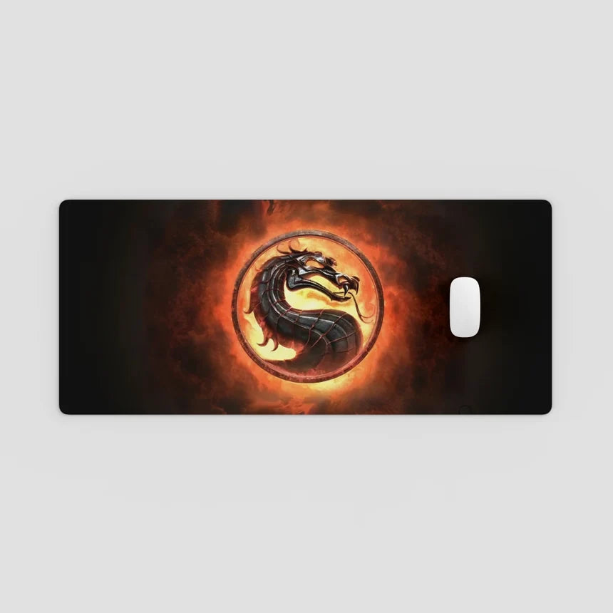 Dragon logo with fiery background on a rectangular surface