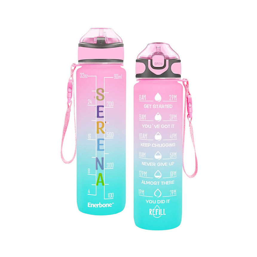 1L straw water bottle in light pink and teal with name stickers