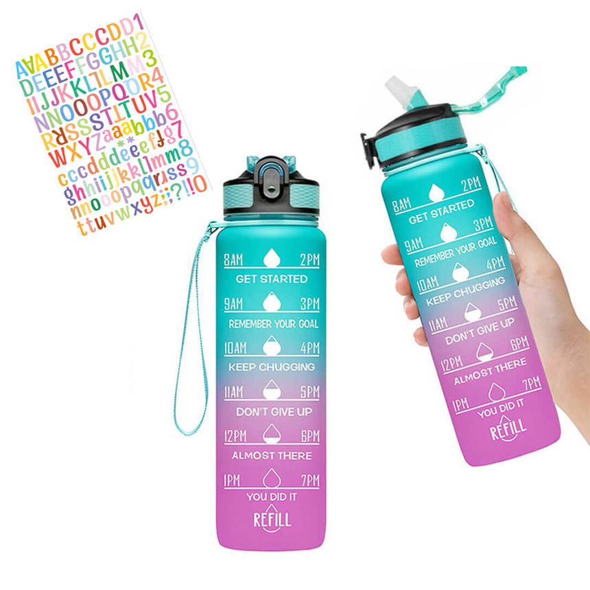 Motivational school water bottle in dark pink and teal with ABC letters