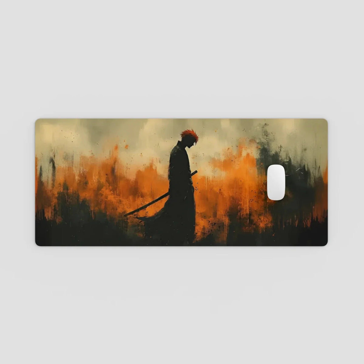 Silhouette of a person with a staff against a fiery background