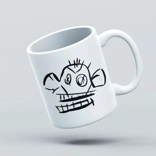 A white ceramic mug with a vibrant pink graphic of the League of Legends character Jinx designed like a monkey.