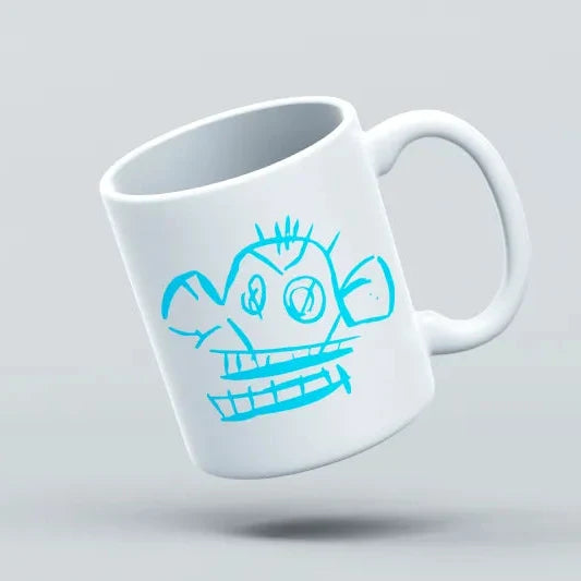 A white ceramic mug with a vibrant pink graphic of the League of Legends character Jinx designed like a monkey.