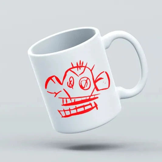 A white ceramic mug with a vibrant pink graphic of the League of Legends character Jinx designed like a monkey.