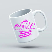 A white ceramic mug with a vibrant pink graphic of the League of Legends character Jinx designed like a monkey.