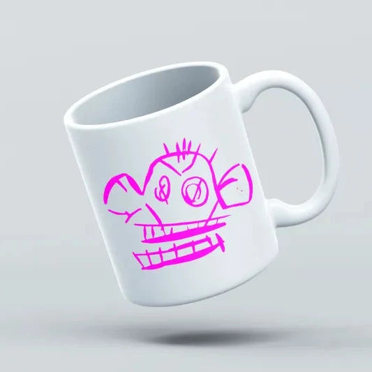 A white ceramic mug with a vibrant pink graphic of the League of Legends character Jinx designed like a monkey.