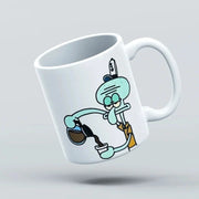 squidward pouring coffee white mug design