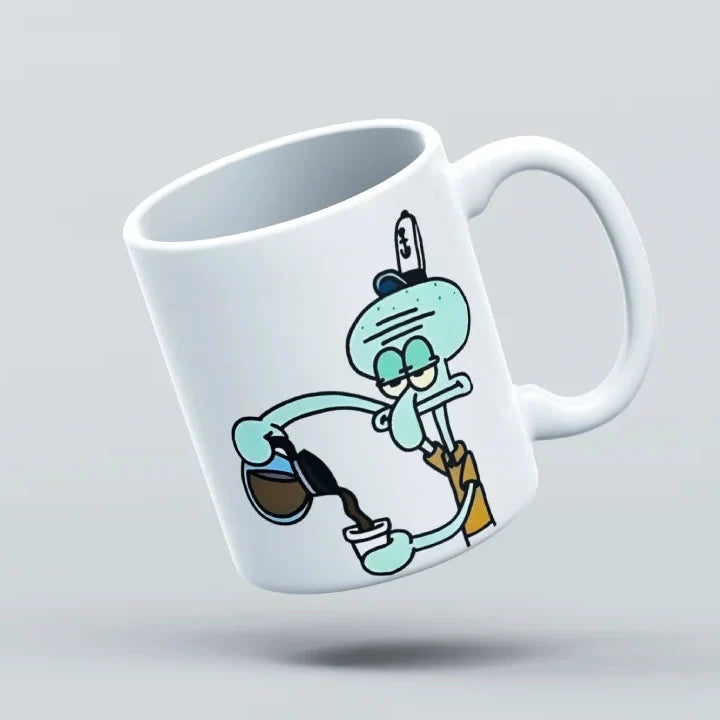 squidward pouring coffee white mug design