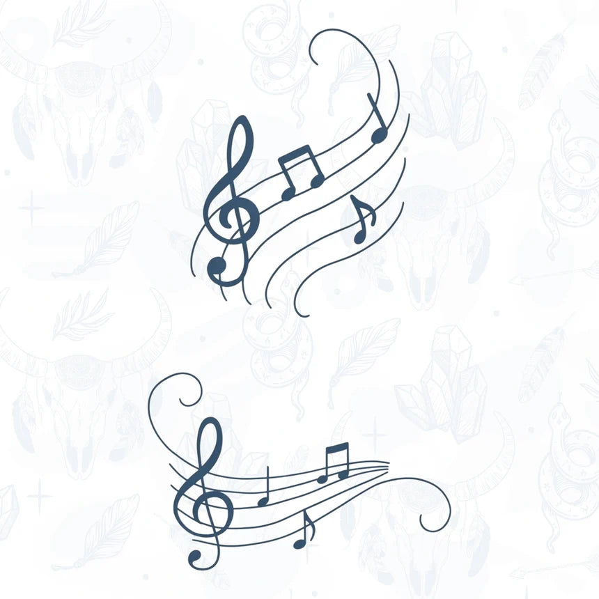 Decorative music notes tattoo design on a light background