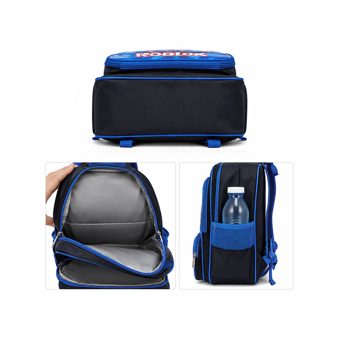 Blue Roblox backpack with side bottle pockets and inner compartment for folders