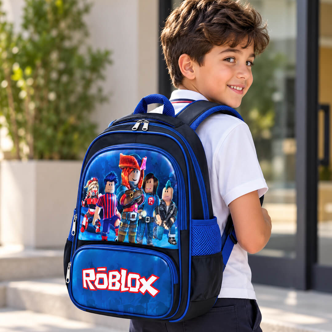 Kids blue Roblox backpack with front pocket