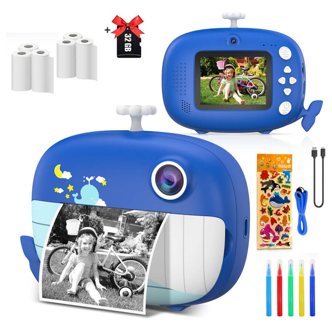 Navy Whale Instant Print Camera – 32GB & 6 Rolls Ink-Free Blue
