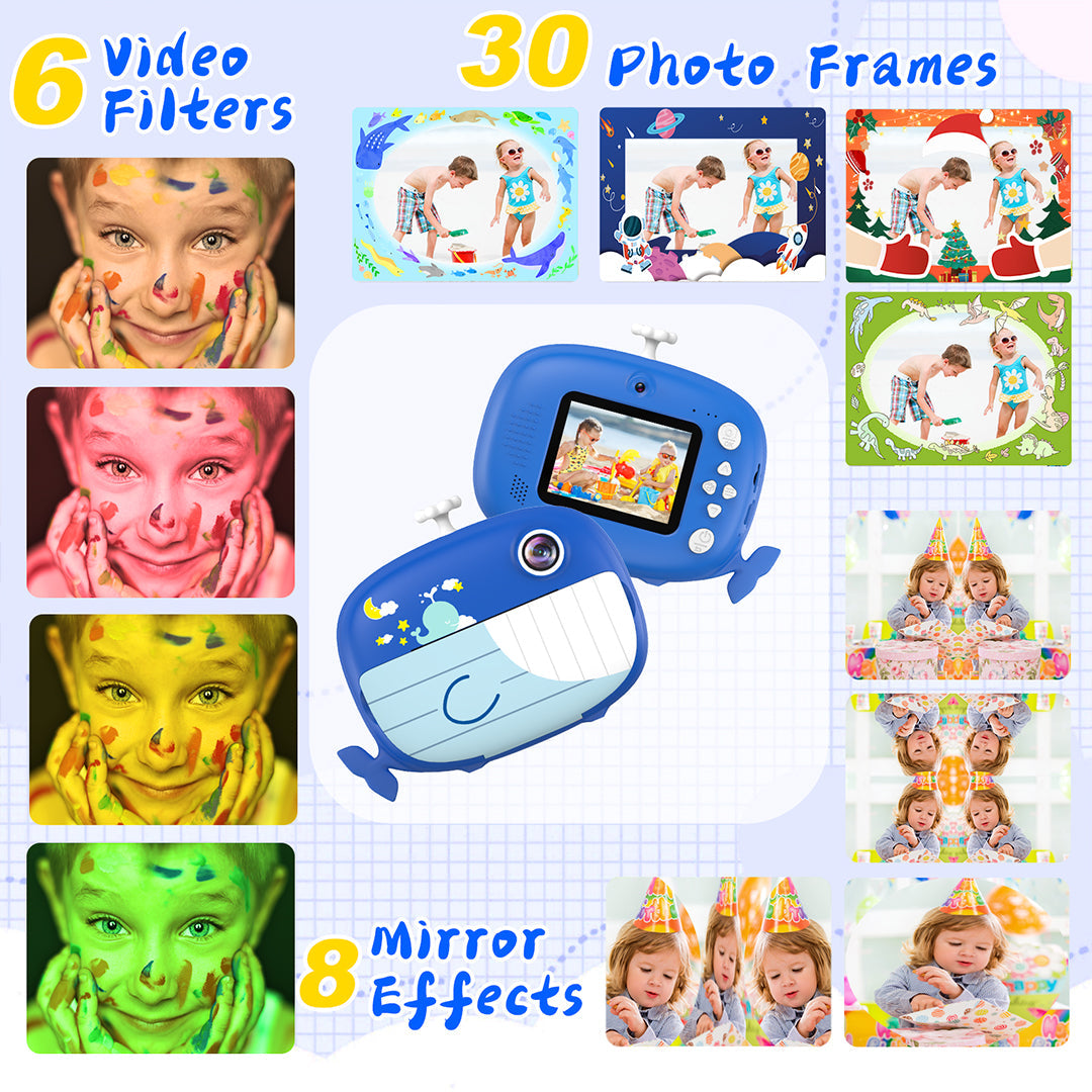 Navy Whale Instant Print Camera – 32GB & 6 Rolls Ink-Free