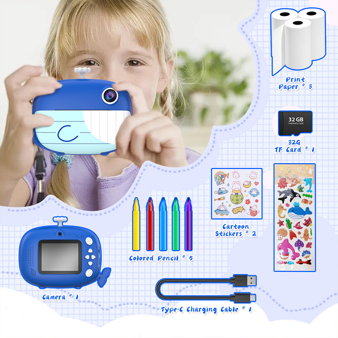 Navy Whale Instant Print Camera – 32GB & 6 Rolls Ink-Free