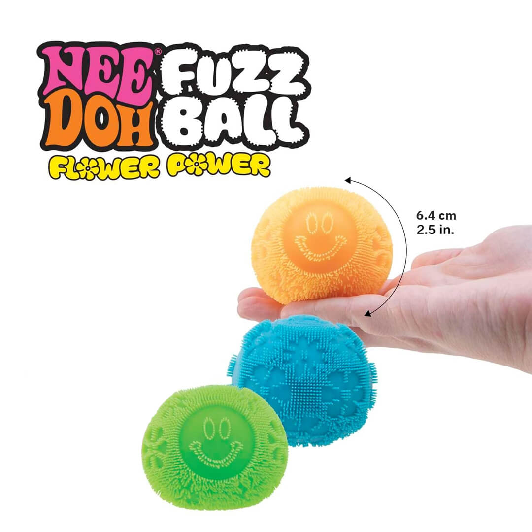 Three textured NeeDoh Fuzz Ball flower-pattern toys in orange, blue, and green.