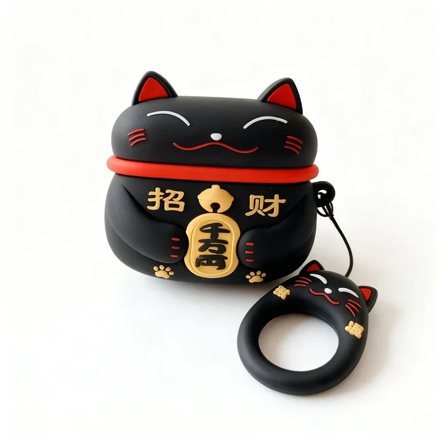 Black cat-shaped case with red collar and gold accents on a white background