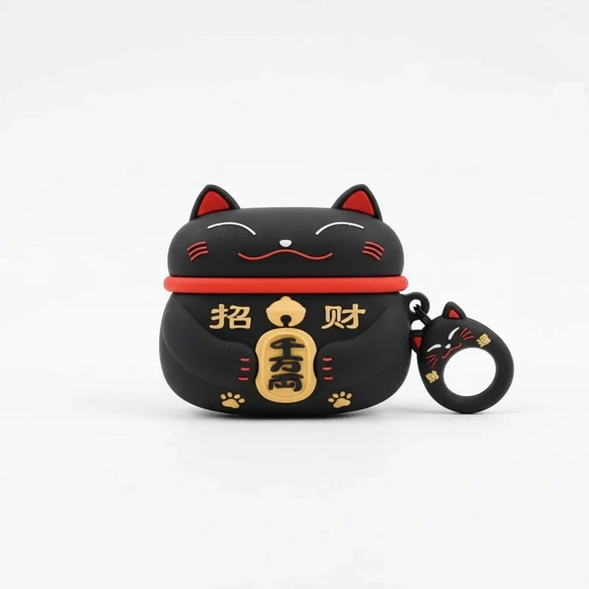 Black cat-shaped air pod case with red ribbon and gold text on a white background