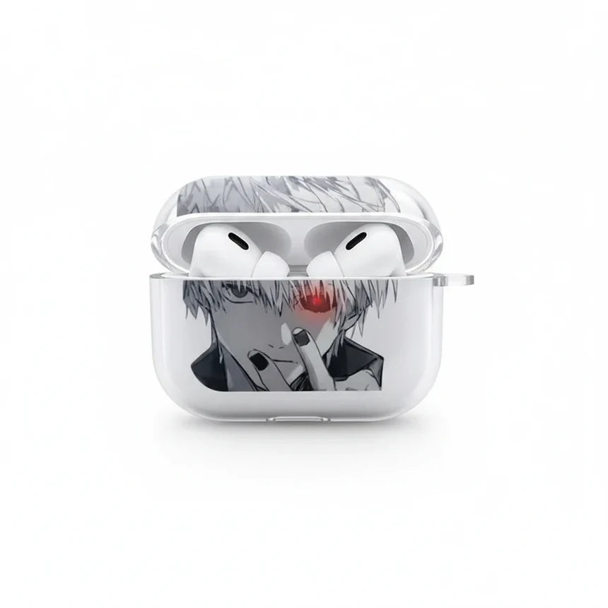Wireless earbuds in a case with an anime character design on a white background