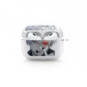 Wireless earbuds in a case with an anime character design on a white background