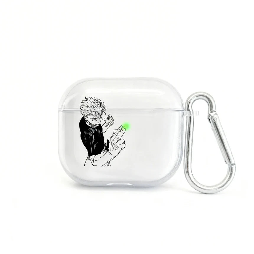 Clear air pod case with an illustration of a character holding a vape on a white background