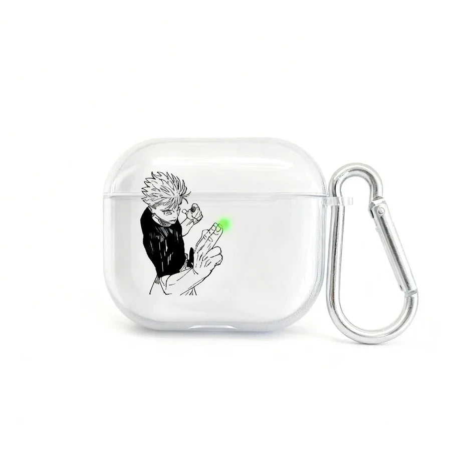 Clear air pod case with an illustration of a character holding a vape on a white background