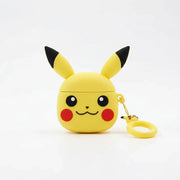 Yellow Pikachu-shaped air pod case with a keychain on a white background
