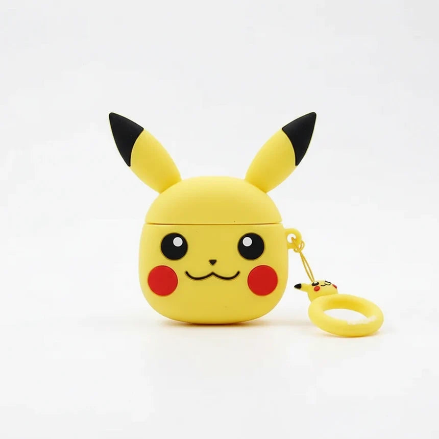 Yellow Pikachu-shaped air pod case with a keychain on a white background