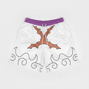 White shorts with brown tree design and purple waistband on a white background
