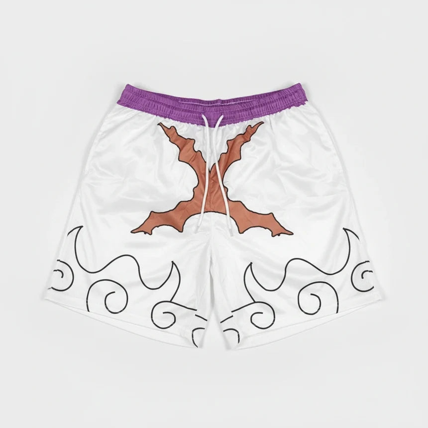 White shorts with brown tree design and purple waistband on a white background