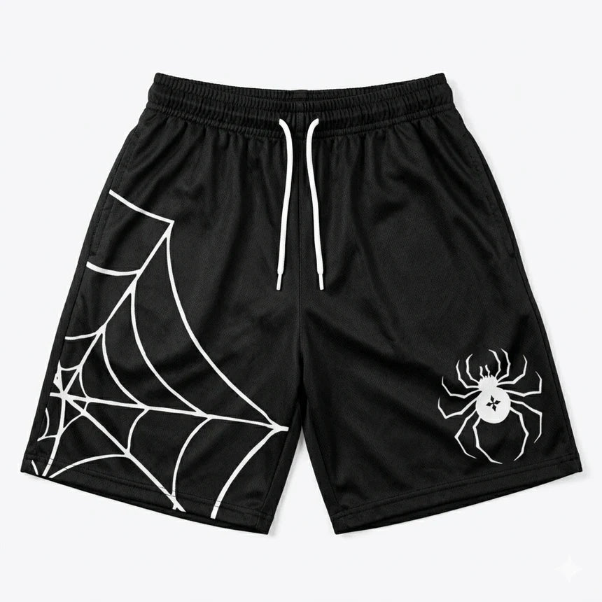 Black shorts with white spider web and spider design on a white background