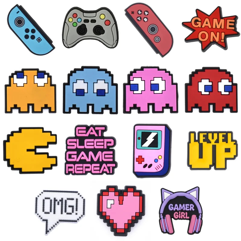Collection of retro gaming-themed croc charms on a white background