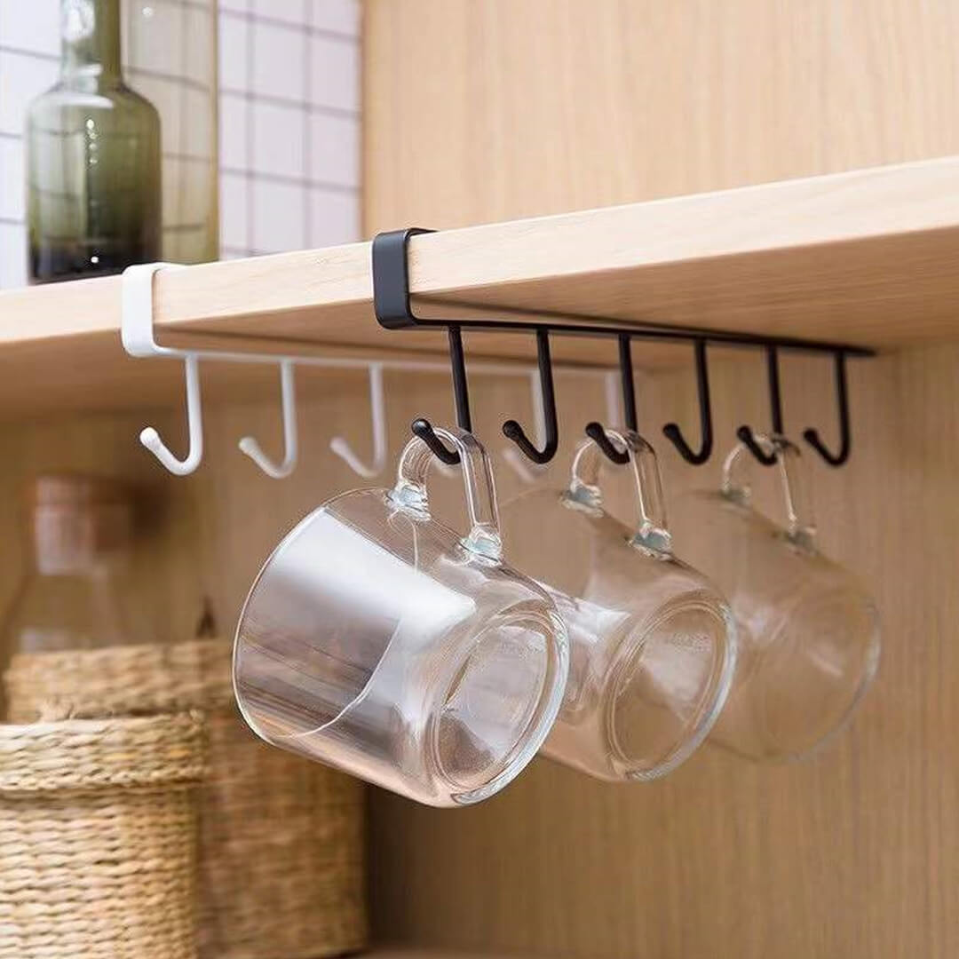 Metal under shelf hook rack for cups, clothes, and kitchen items