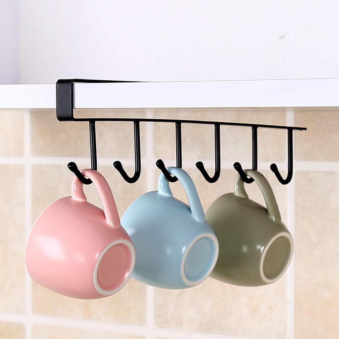 Metal under shelf hook rack for cups, black