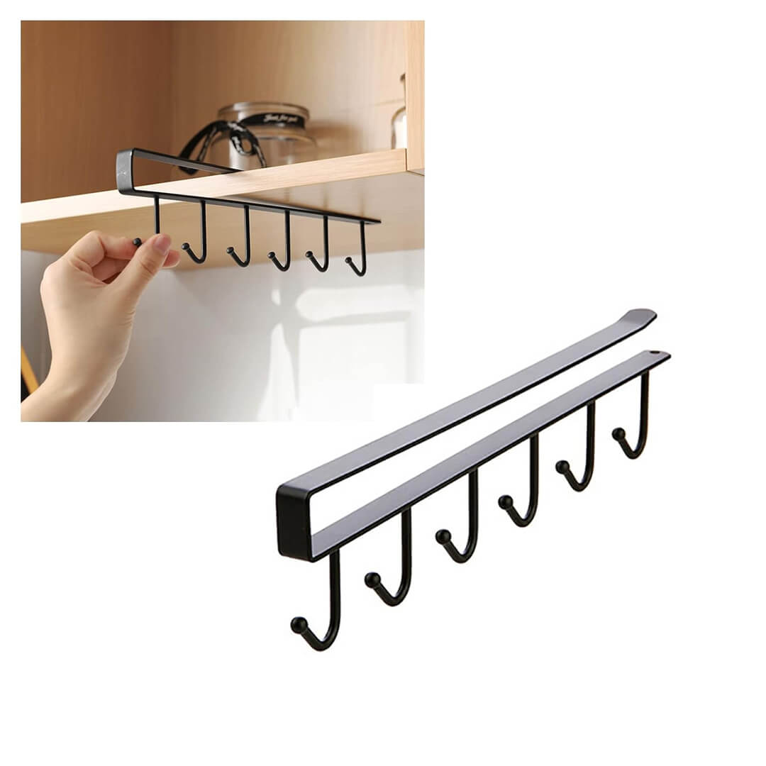 Under-cabinet  6-hook organizer for cups and kitchen utensils