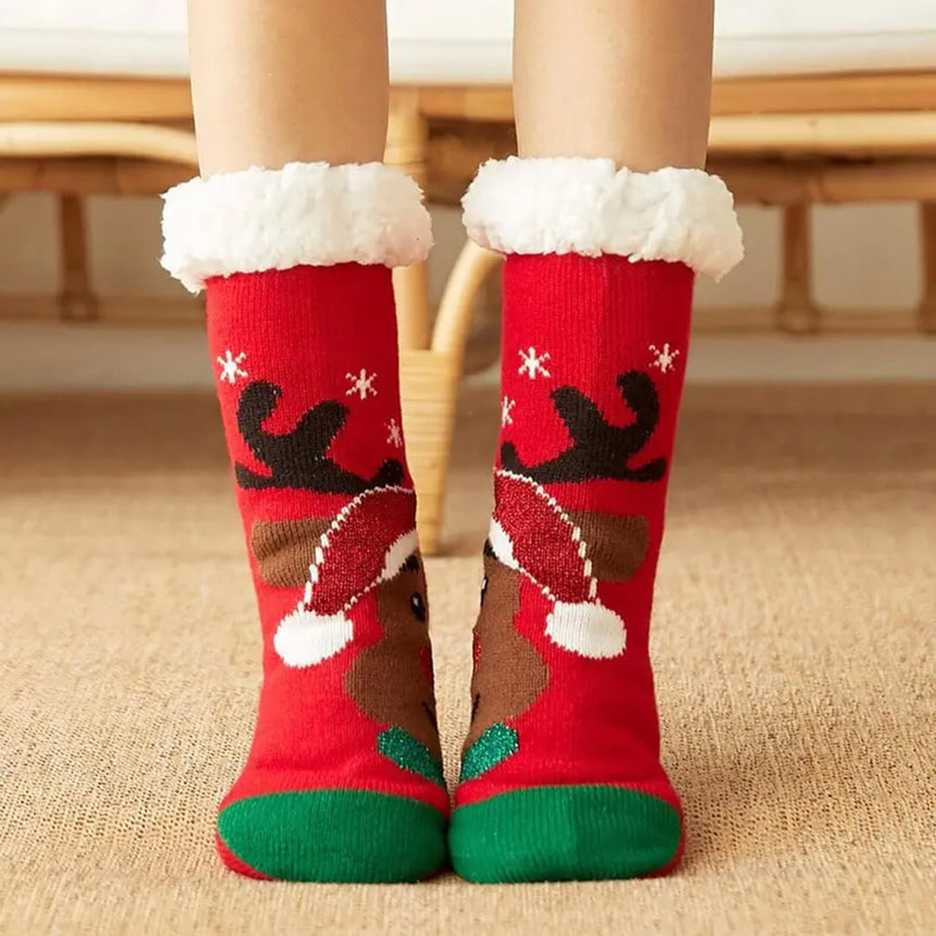 Warm red reindeer Christmas socks with fleece lining