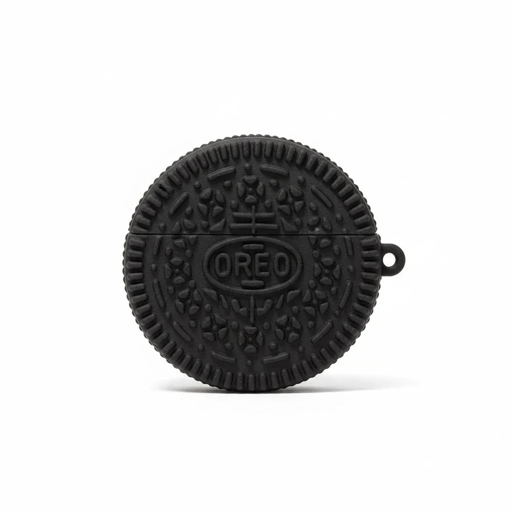 Black Oreo-shaped product on a white background