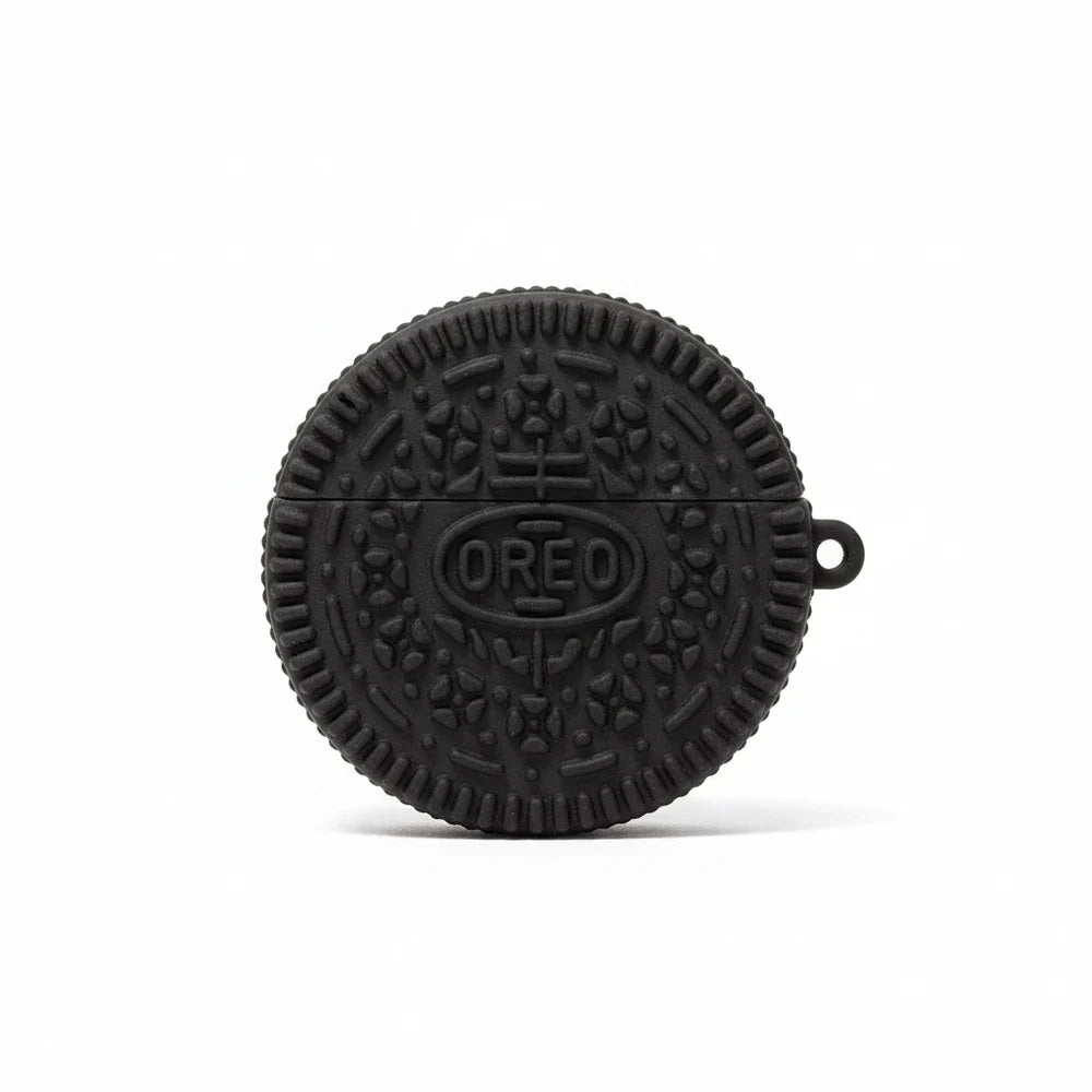 Black Oreo-shaped product on a white background