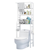 Metal over toilet organizer with adjustable shelves with hooks