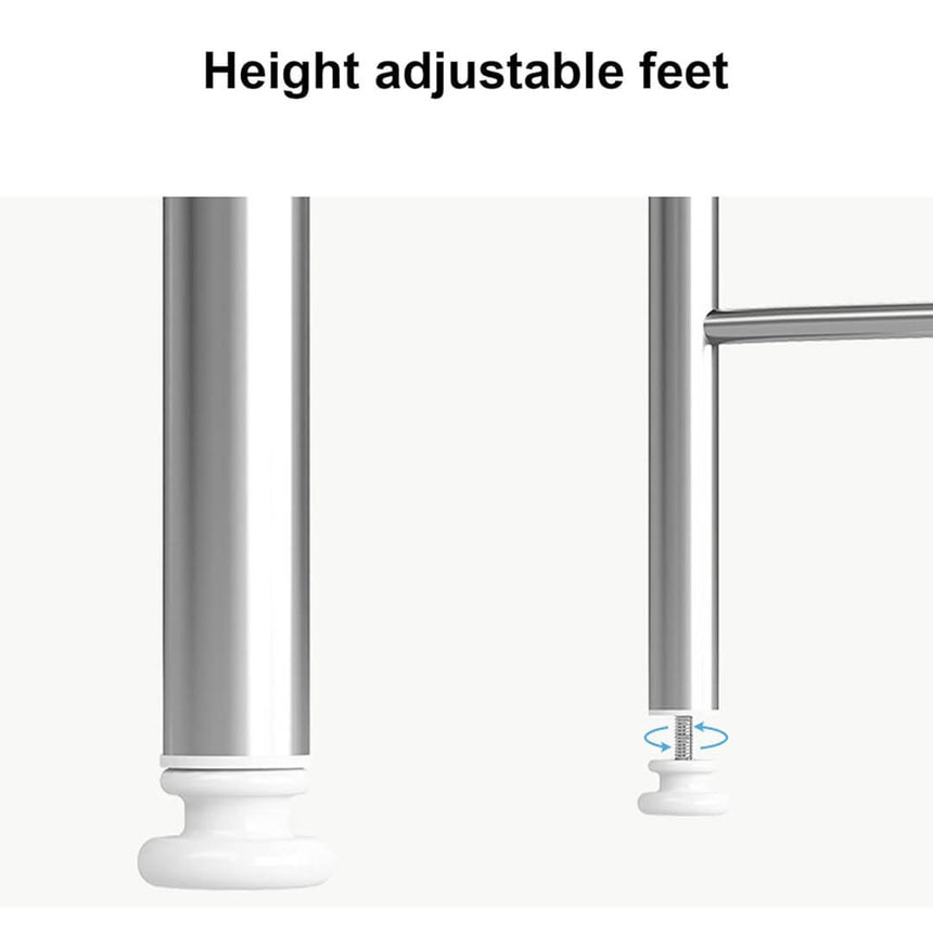 White metal over toilet organizer with shelves and hooks, adjustable height