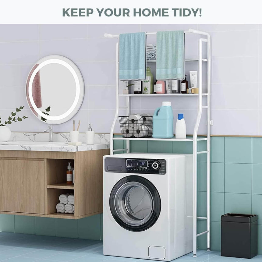 Sturdy above-washing-machine shelf organize