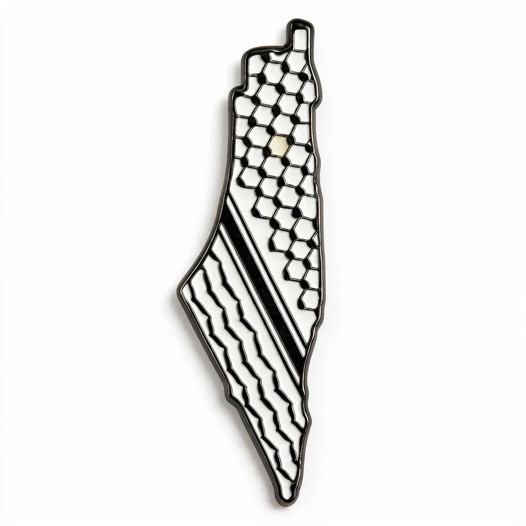A map-shaped enamel pin of Palestine, featuring a black and white geometric pattern with a honeycomb design on one side and wavy stripes on the other, set against a plain white background.