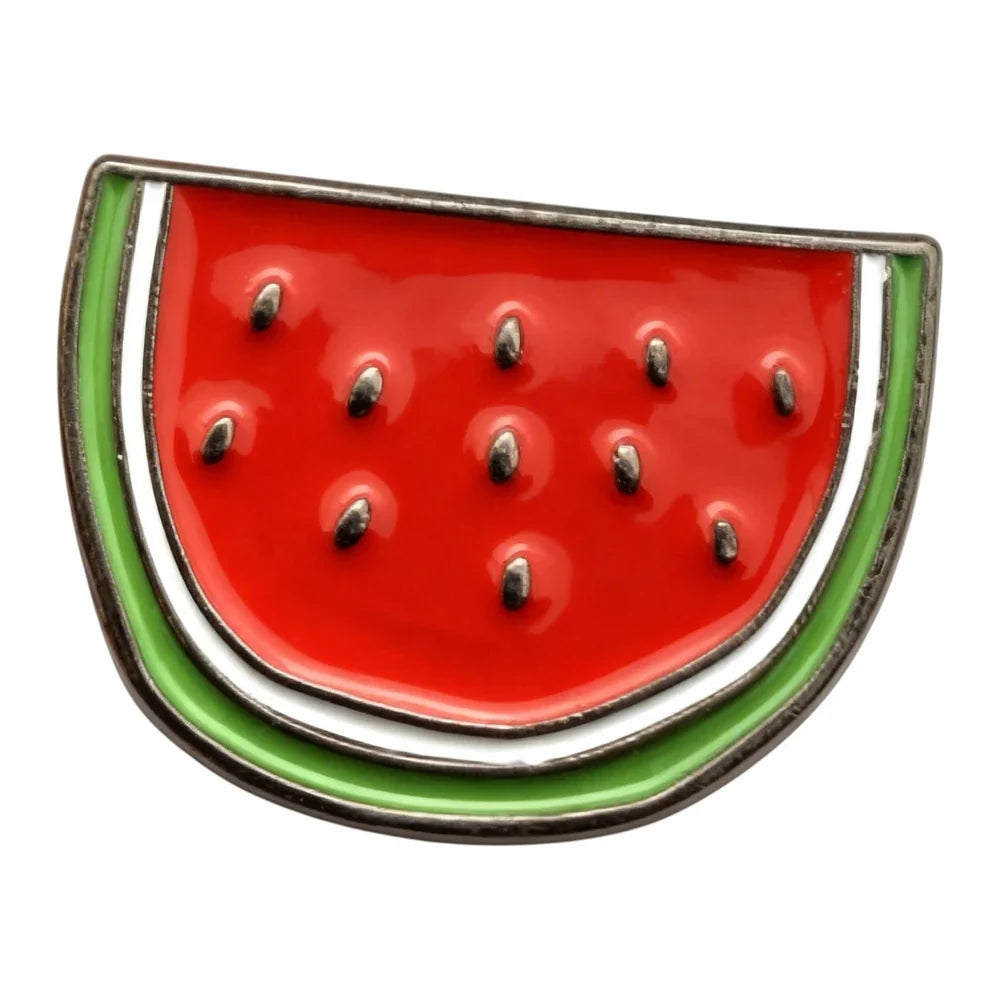Watermelon slice pin with red, green, and silver accents on a white background