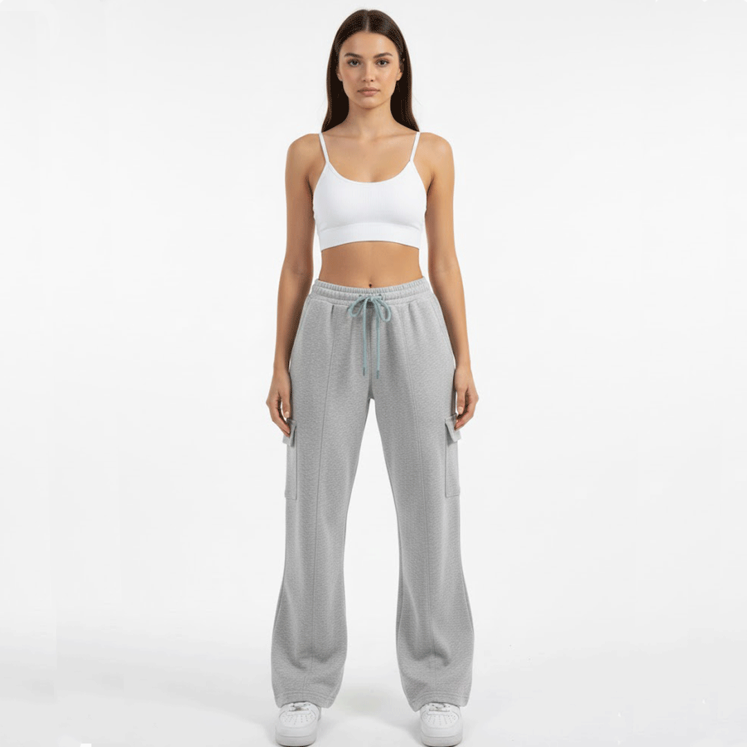 Flare Pants Grey Cotton Baggy With Pockets