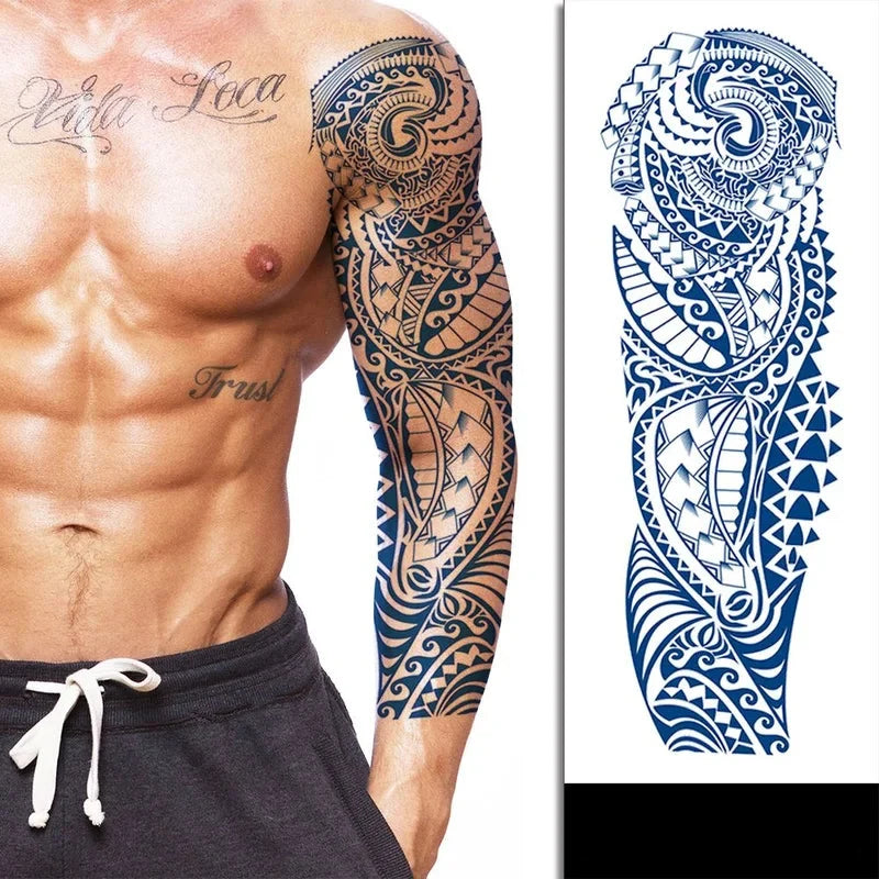 Patterns Arm Sleeve Semi-Permanent Jagua Tattoo on Muscular Model